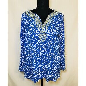 Calligraphie Resort Wear Blue White Geometric‎ Sequin Beaded Blouse Women's M